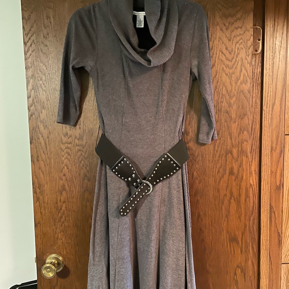 Long belted, cowl neck dress